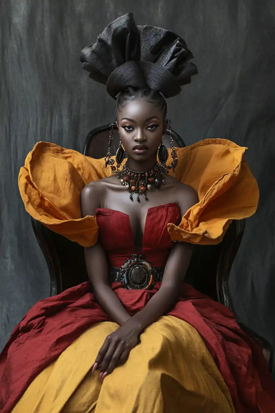 Elegant woman in elaborate ancient couture on oversized seat