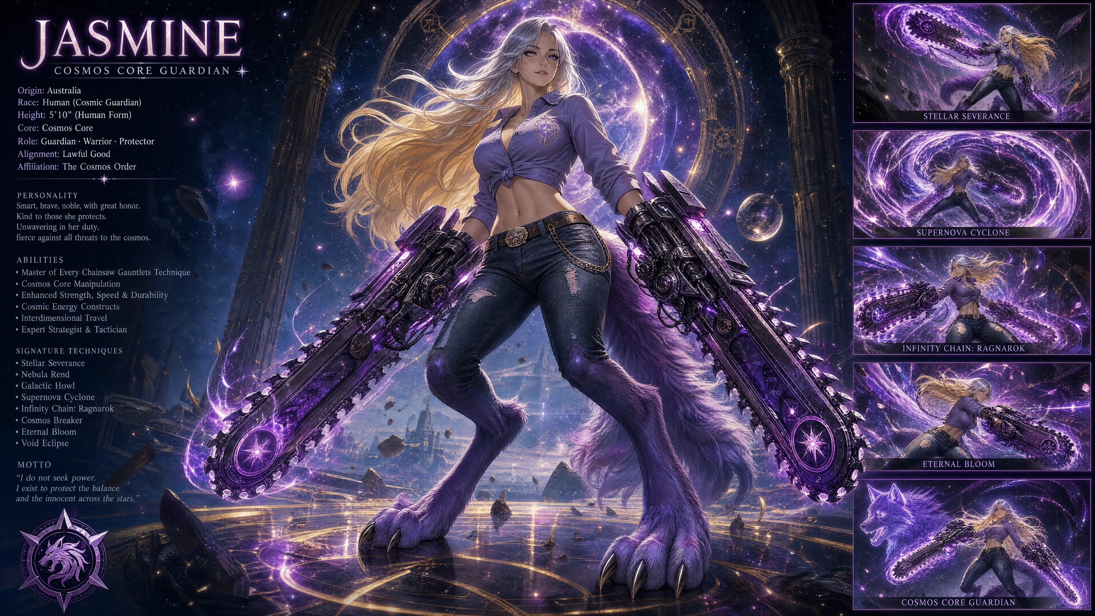 Heroic cosmos guardian woman with wolf legs and chainsaw
