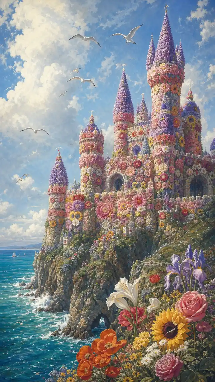 Flower built medieval castle on a cliff above turquoise sea