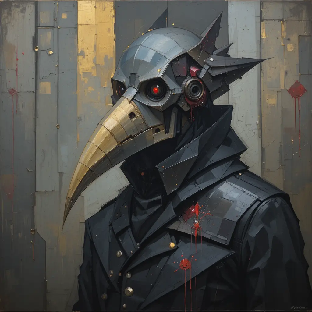 Abstract cubist plague doctor in fragmented dark tones