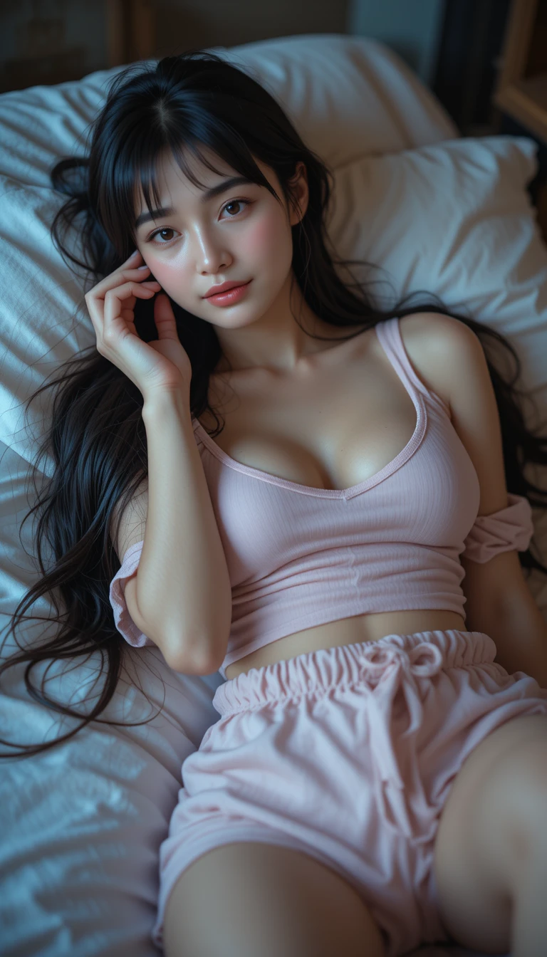 長い髪の女性のシネマティックなポートレート、静かに涙する姿