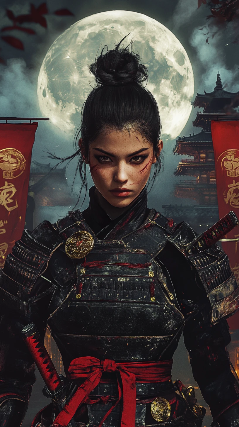 Female warrior with katana in misty Japanese village night