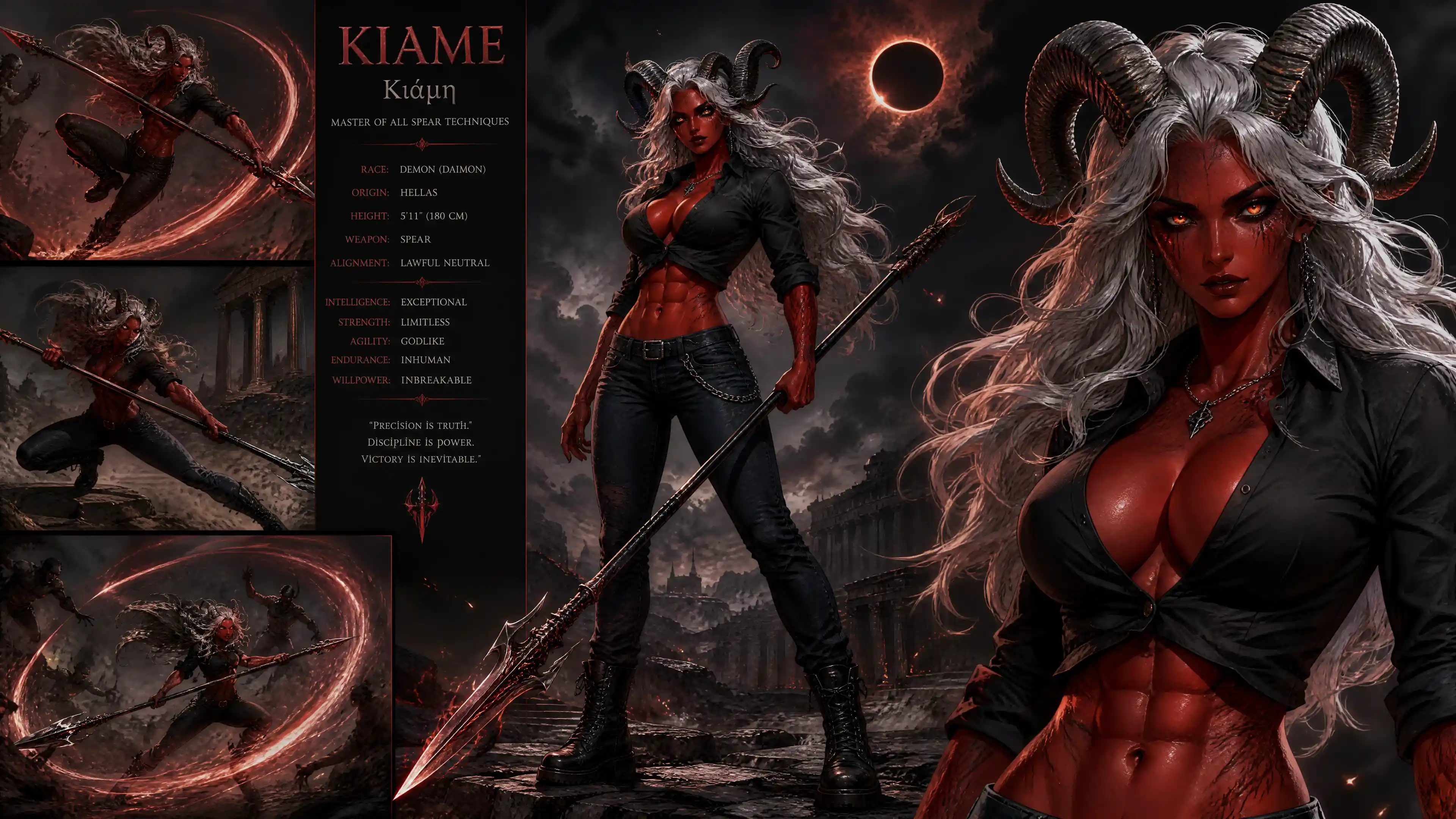 Red skinned demon woman with silver hair and spear mastery