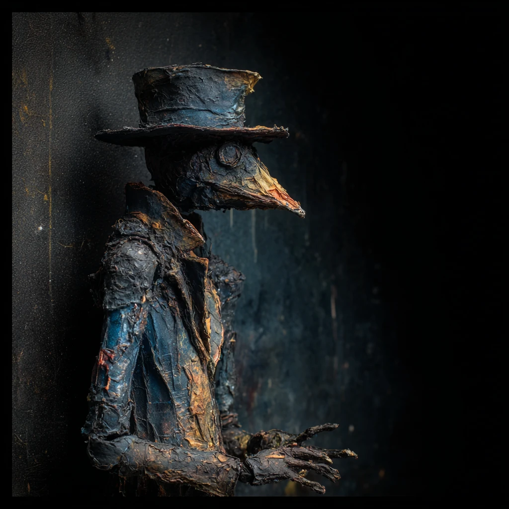 Surreal elongated plague doctor against dark concrete wall