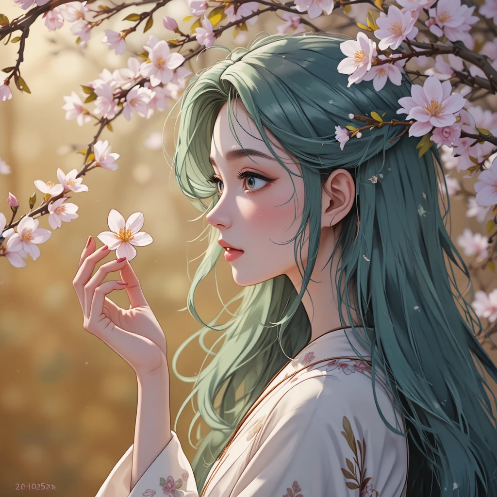 Anime girl in profile touching a blooming almond tree