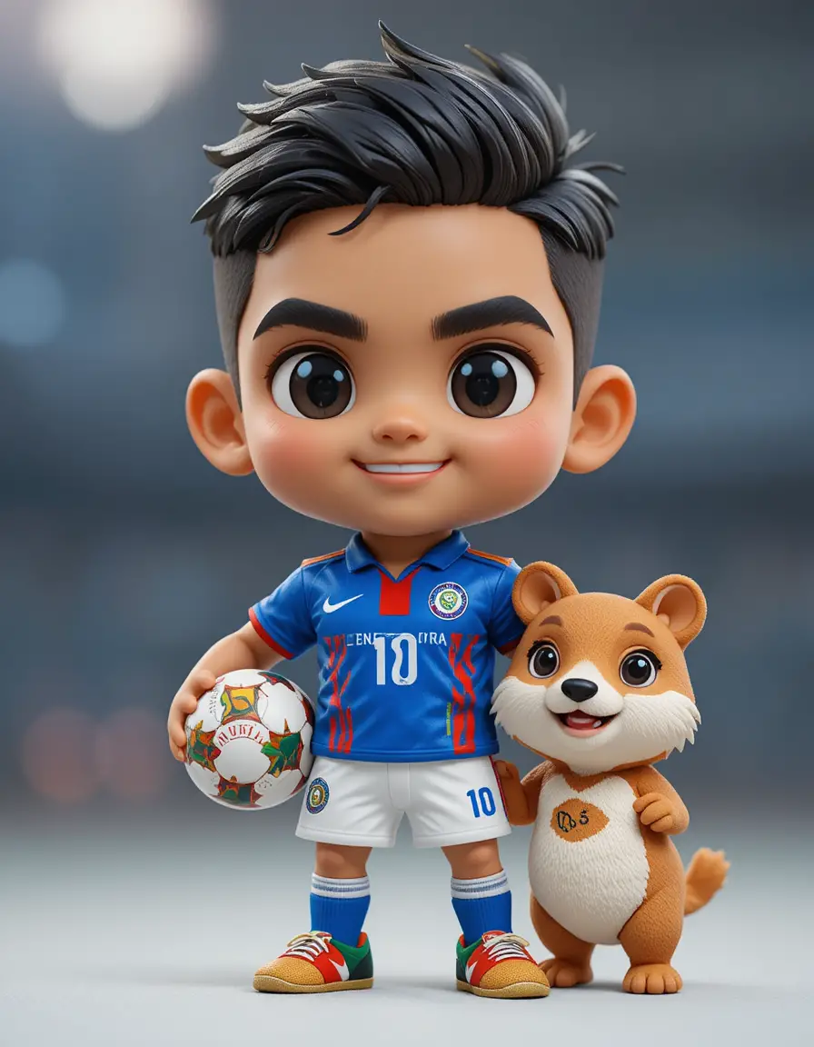 Cute chibi football player with smiling face and mascot