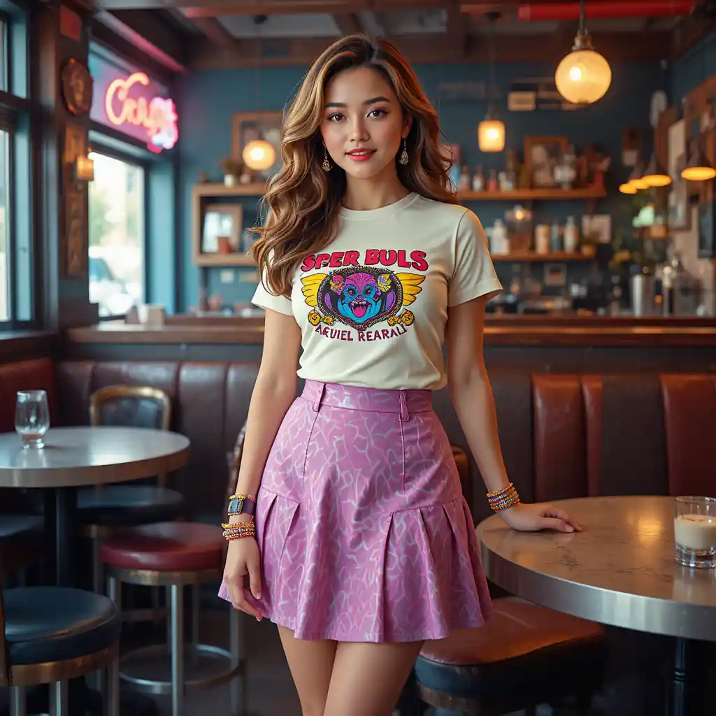 Retro woman in 1980s outfit at cozy cafe