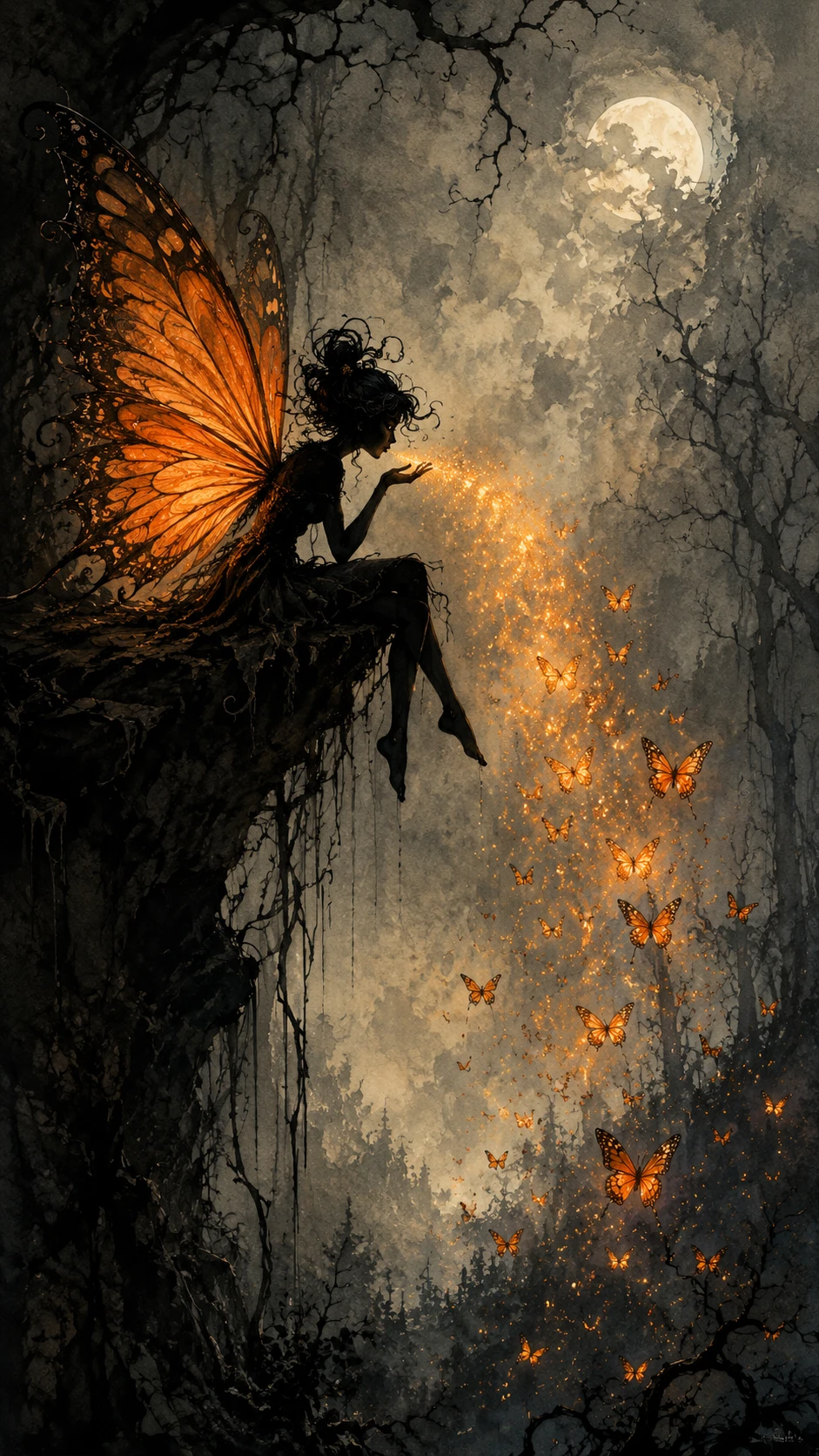 Fairy Silhouette On Cliff With Glowing Butterfly Magic