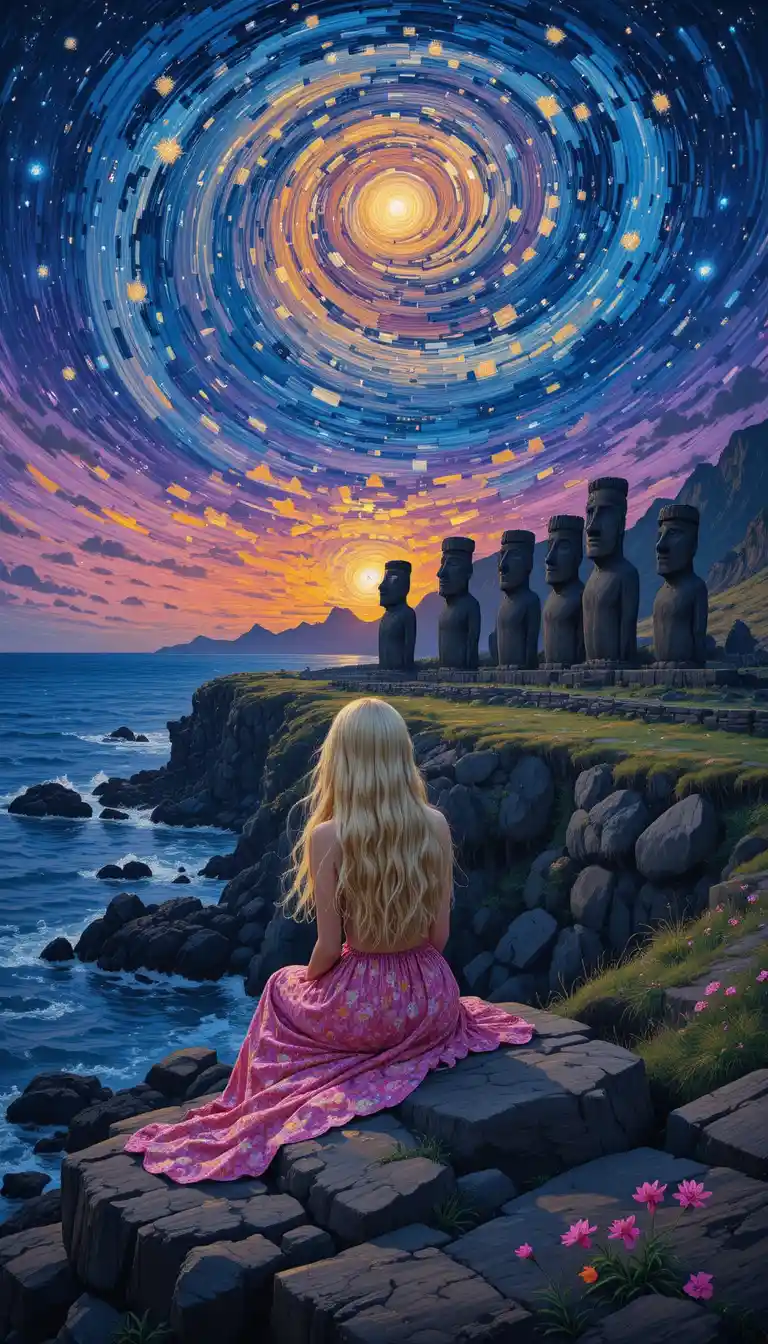 Girl on seaside rocks watching distant moai at sunset