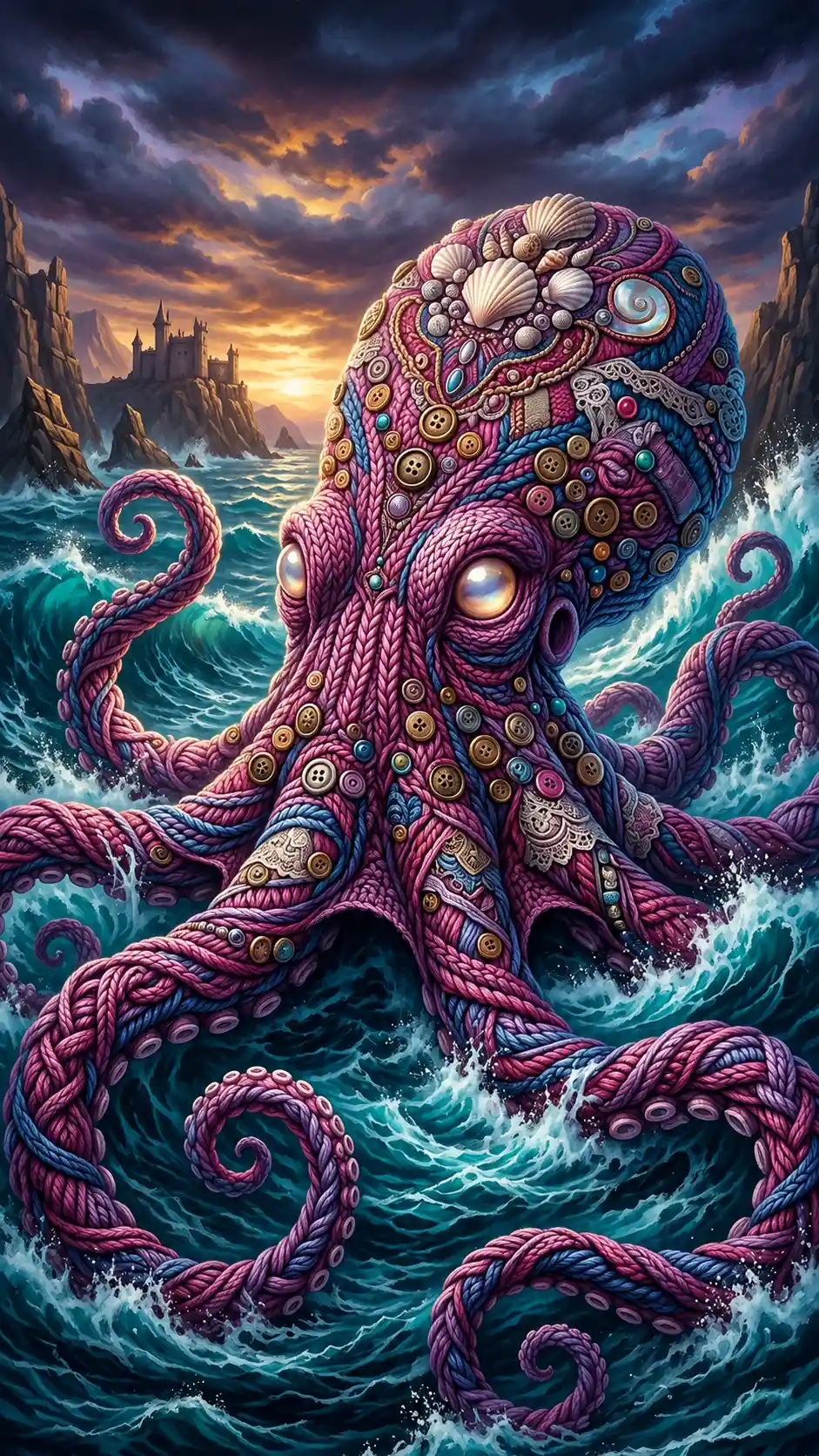Colorful woolen sea monster rising from turquoise waves