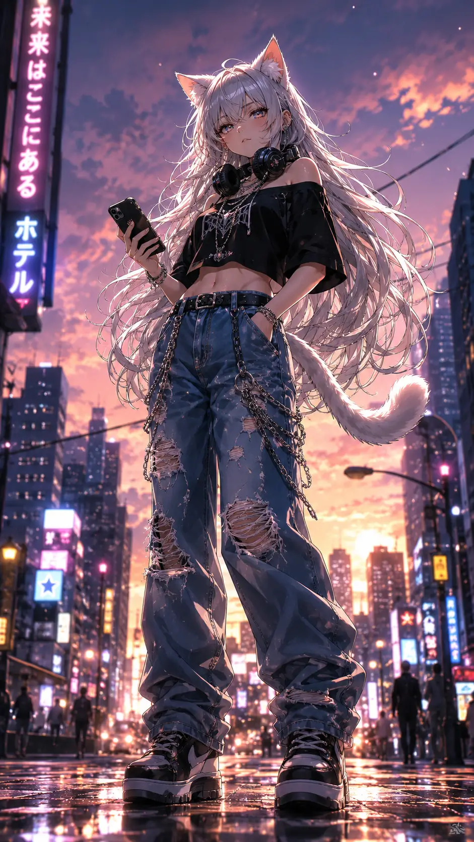 Anime cat girl on a city street at dusk