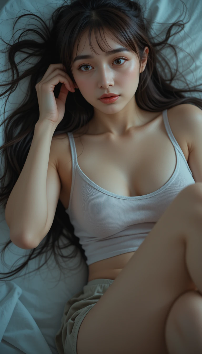 Cinematic portrait of a woman lying in tearful reflection