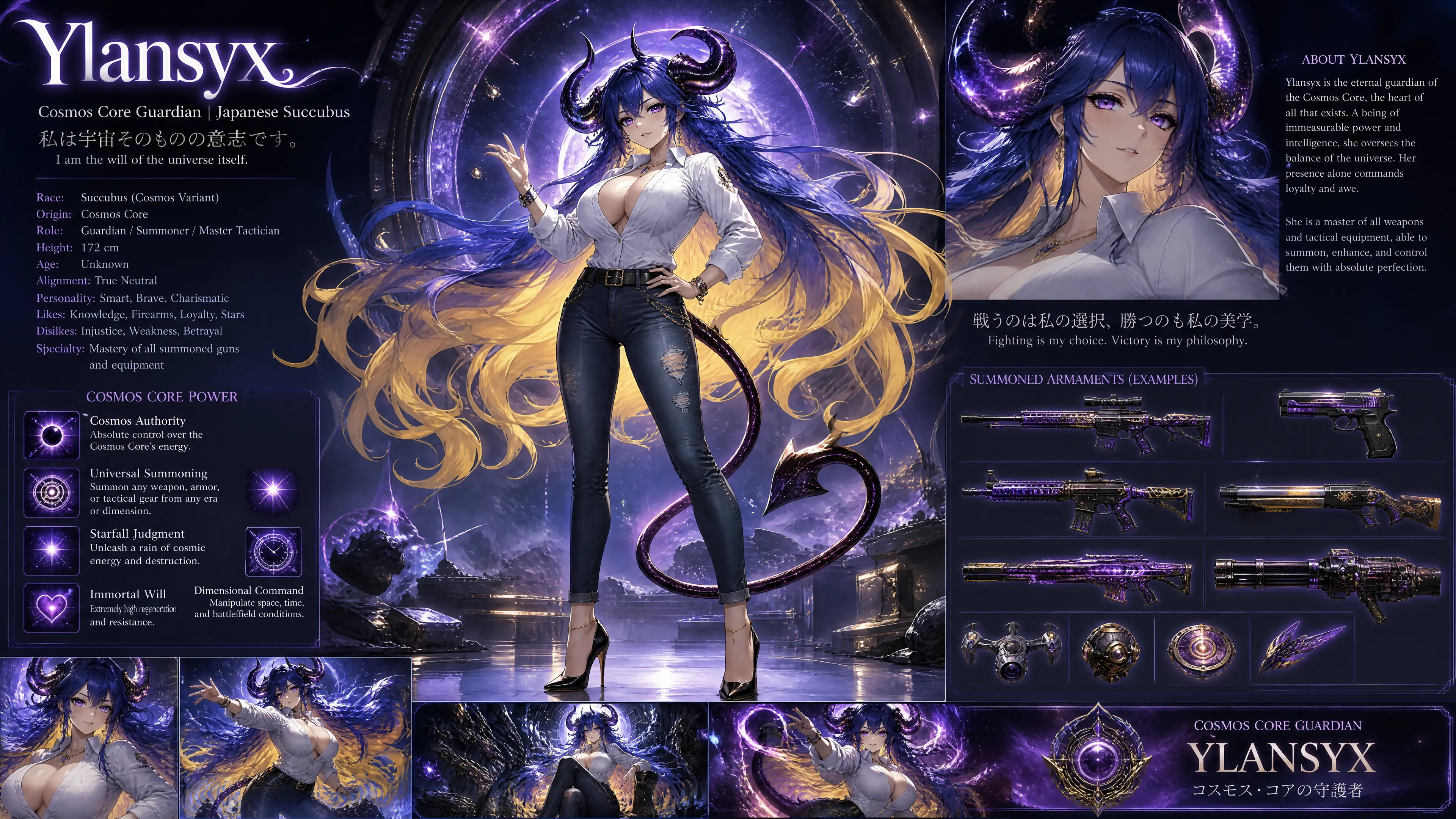Blue haired Japanese succubus guardian with cosmic horns