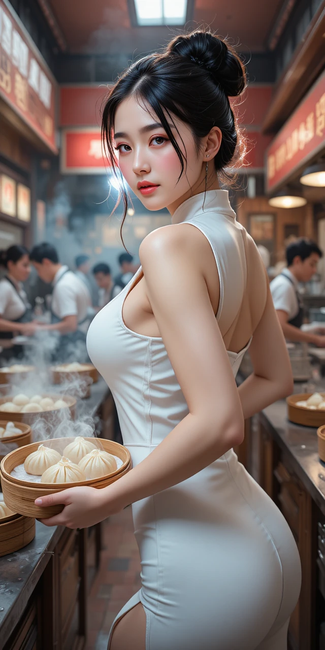 Elegant woman in white cheongsam serving steamed dumplings