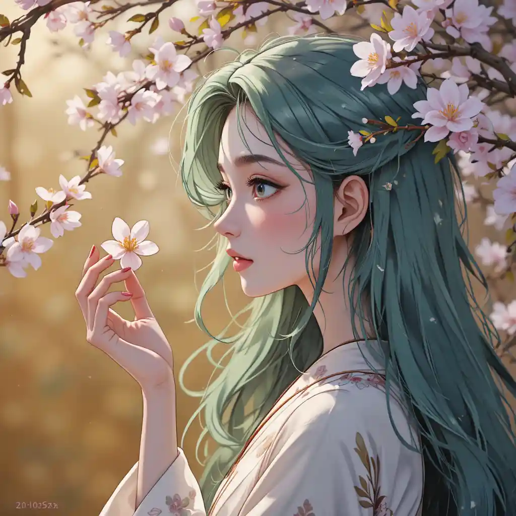 Anime girl in profile touching a blooming almond tree