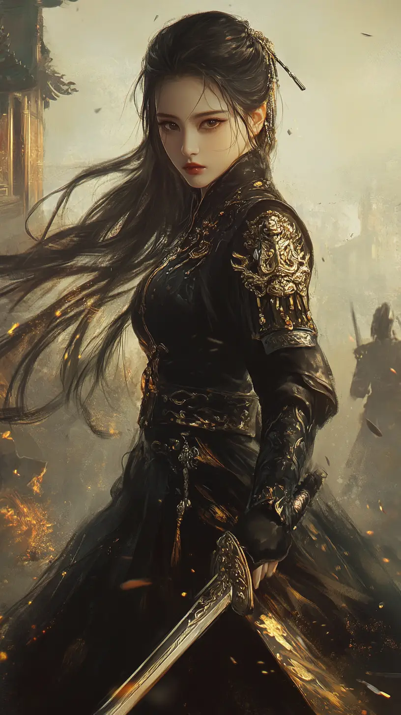 Elegant female warrior on an ancient battlefield at sunset