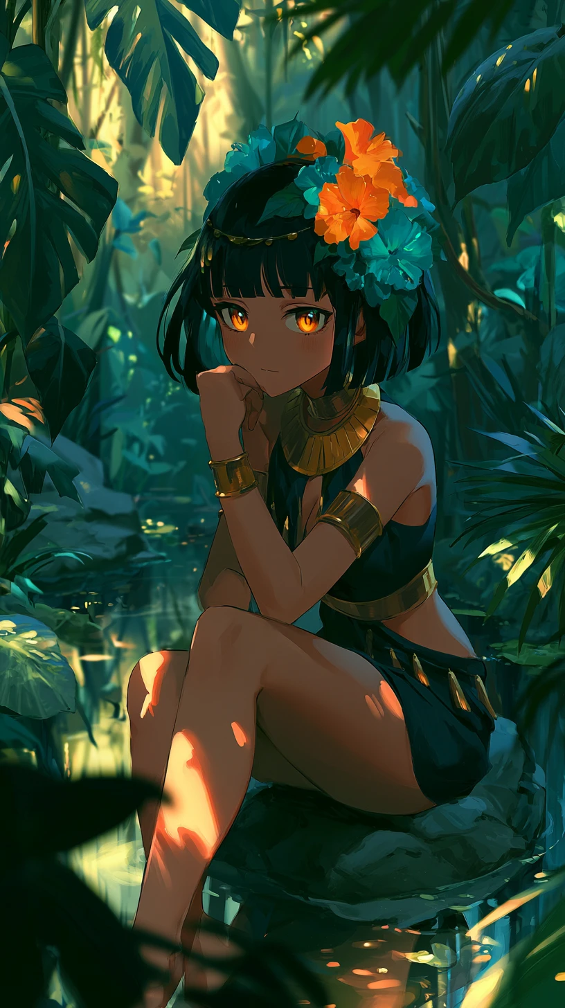 Chica de anime junto a un estanque en la jungla bajo luz dorada