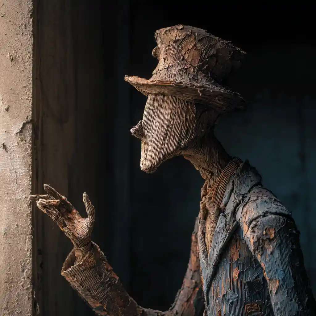 Surreal elongated plague doctor before dark concrete wall