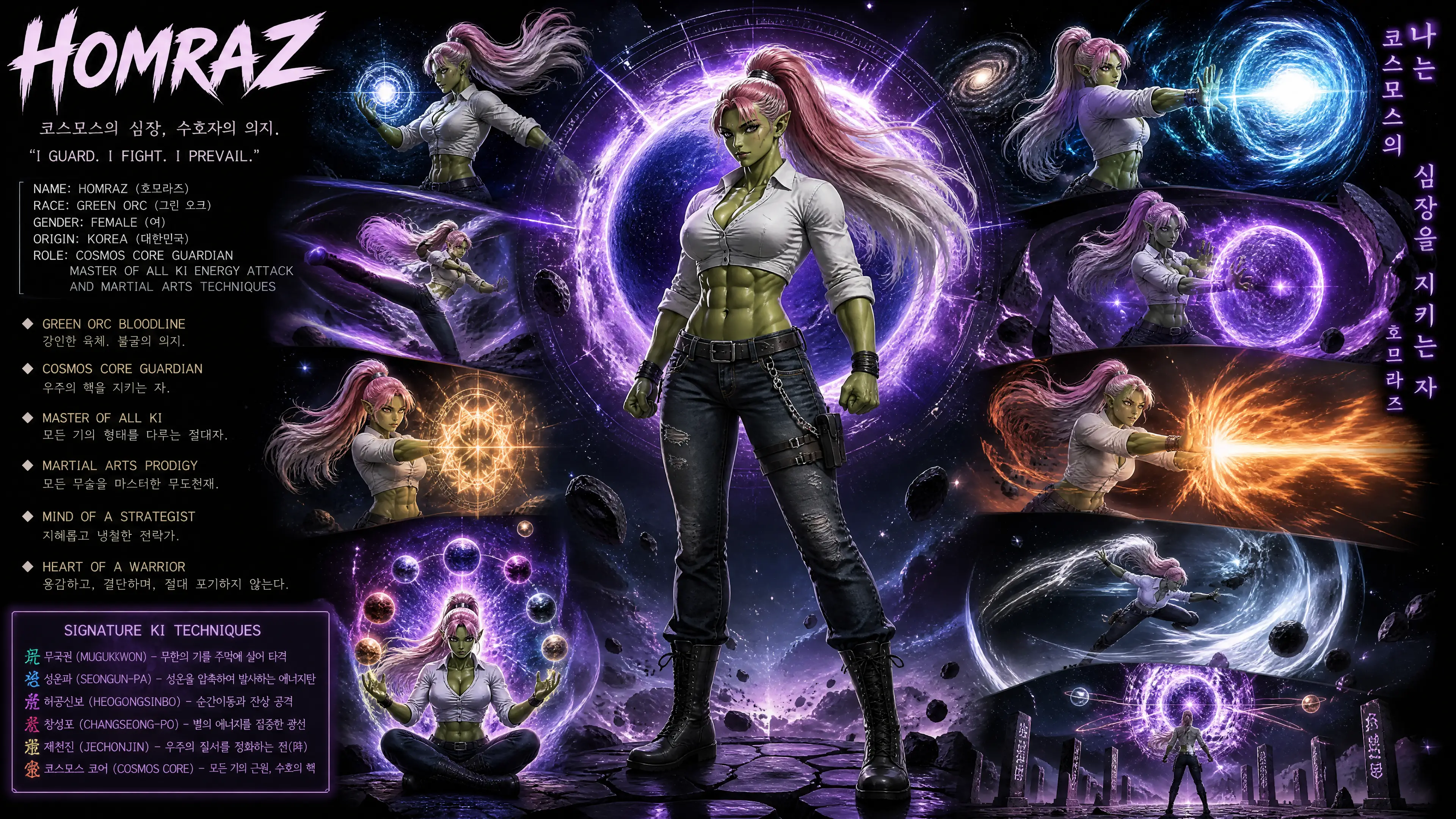 Korean green orc warrior woman with glowing cosmic energy