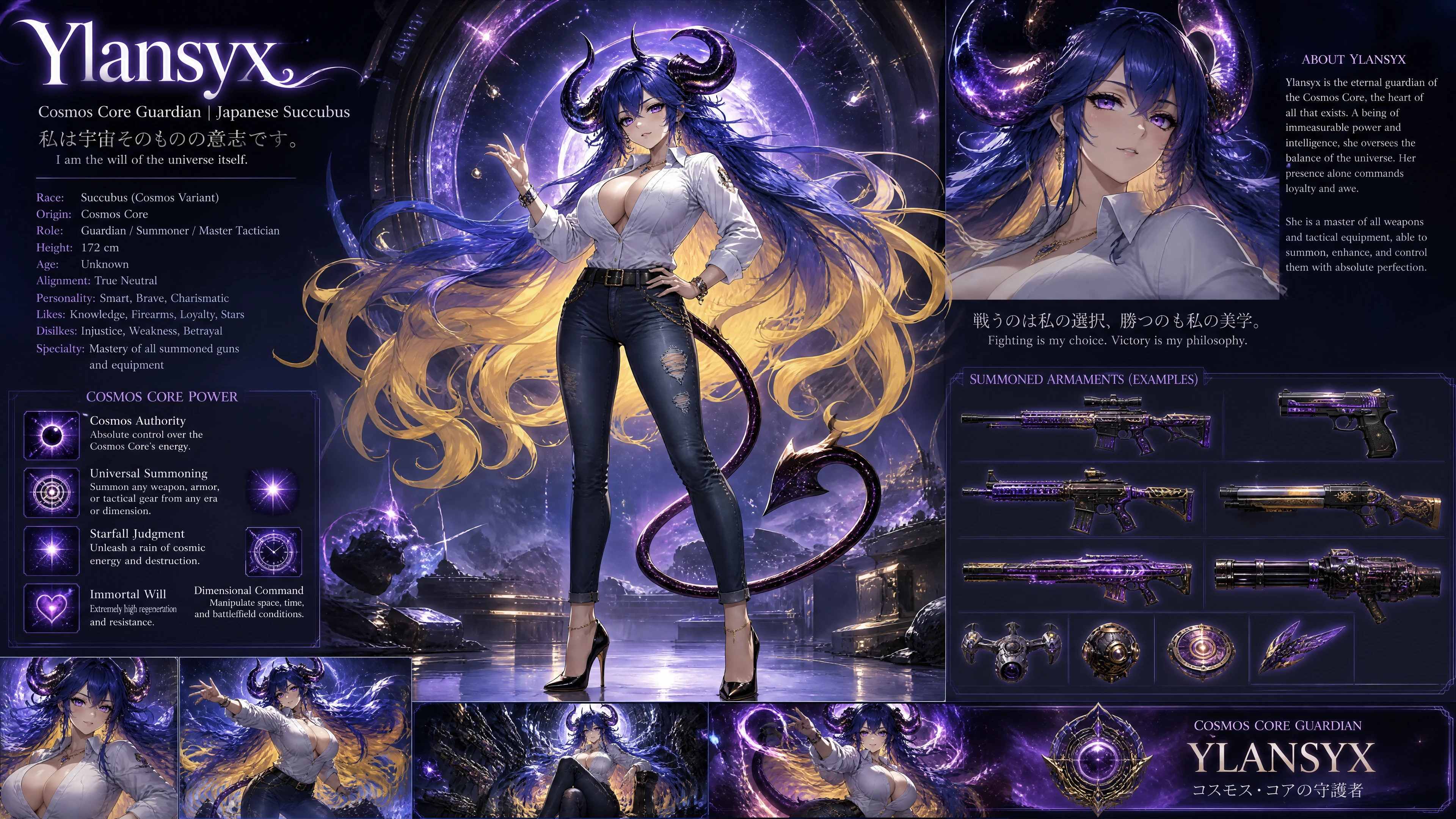 Blue haired Japanese succubus guardian with cosmic horns