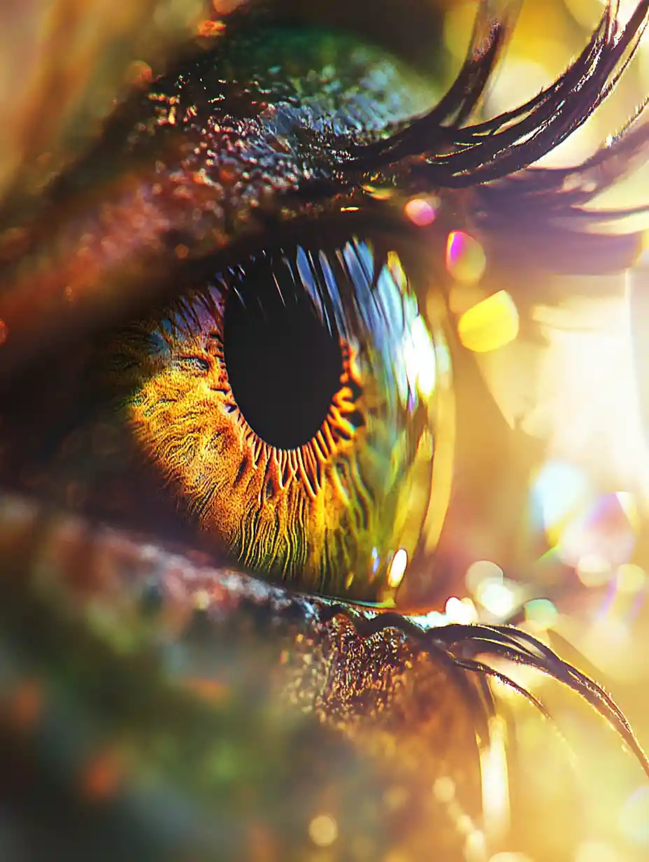 Macro close up of a colorful human iris in sunlight