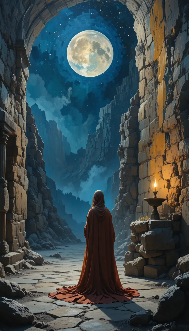 Woman watching monk illuminate a sacred scroll by candlelight