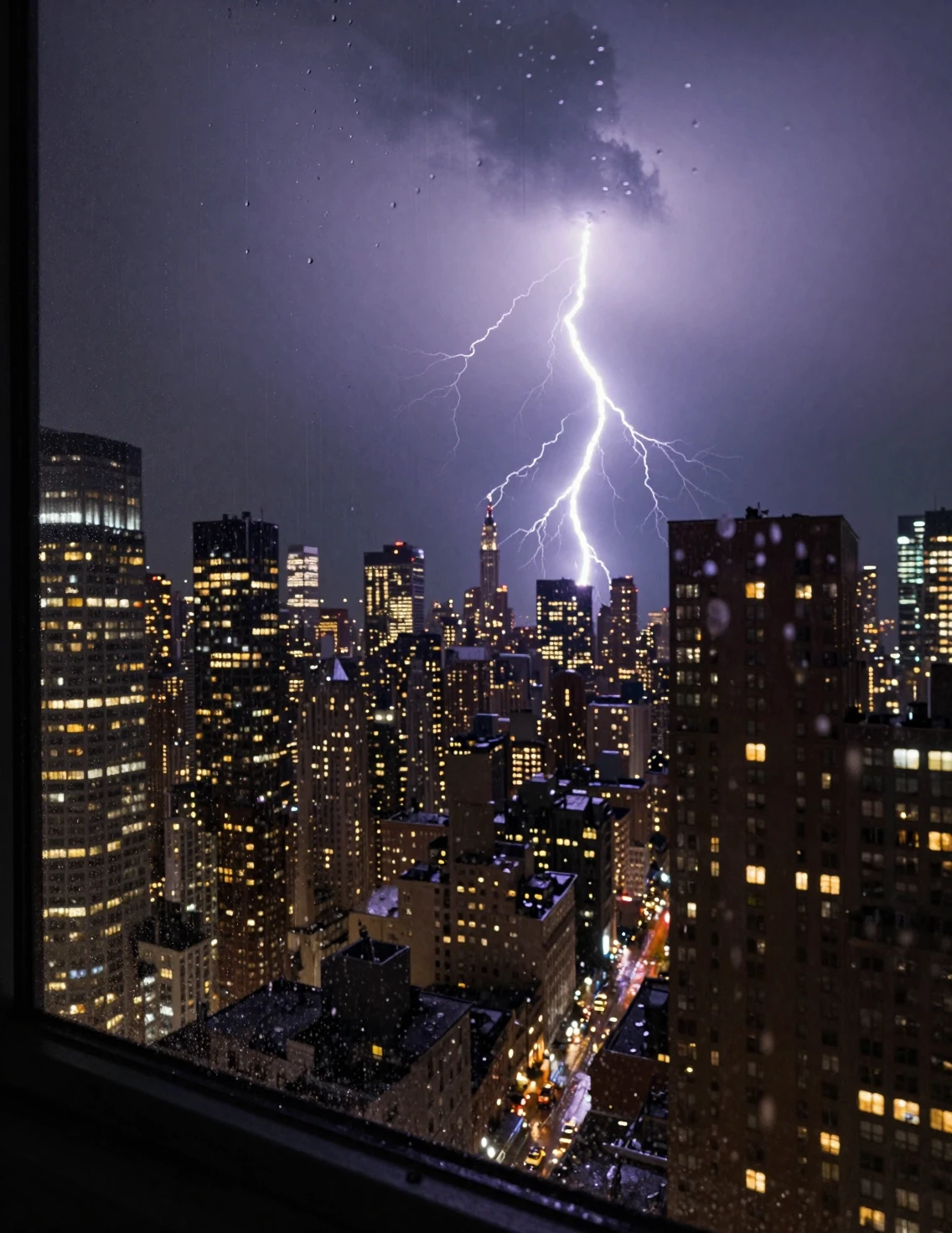 Stormy New York city skyline with lightning at night