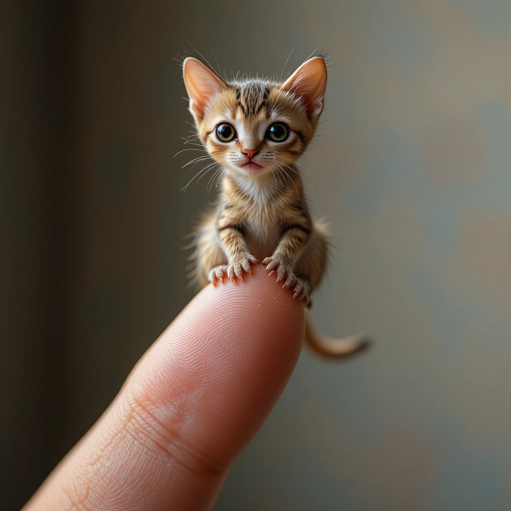 Tiny cat standing on a human finger in macro detail