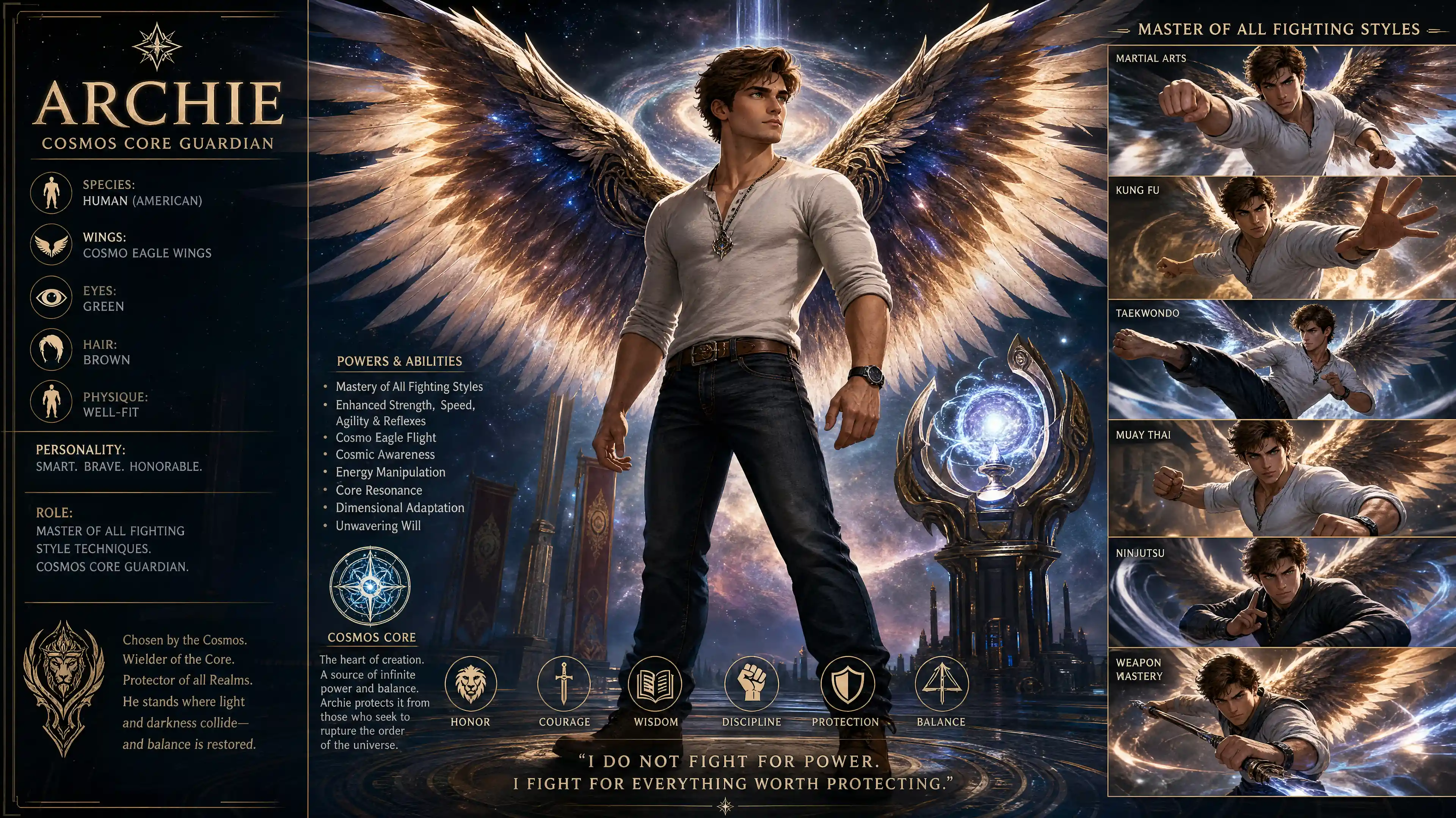 Brave male guardian with cosmic eagle wings in jeans