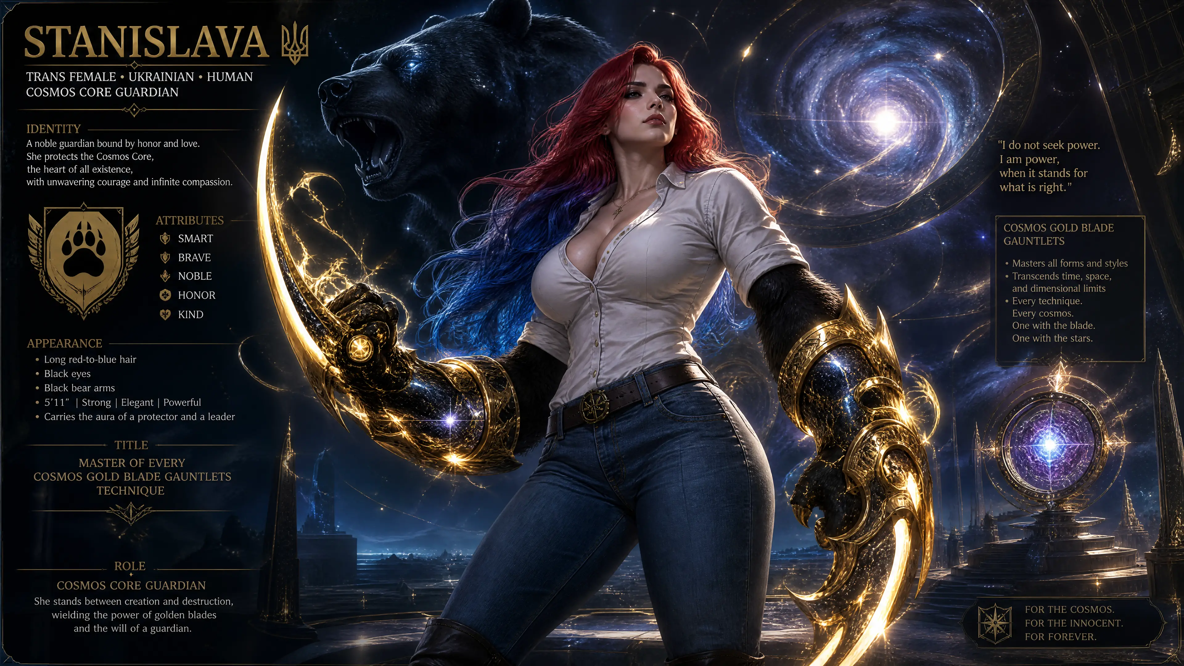 Heroic cosmic guardian woman with long colorful hair