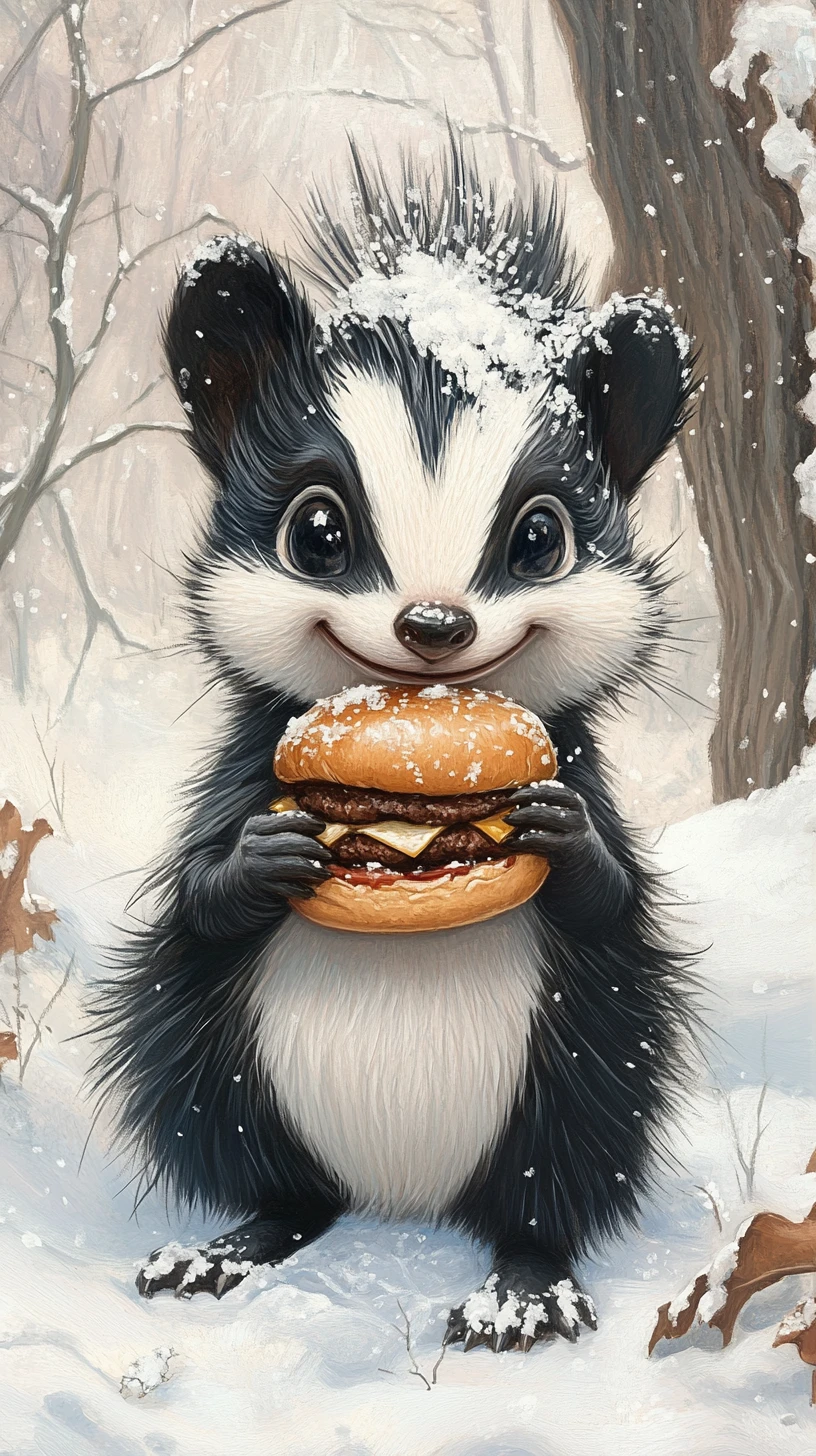 Cute winter skunk holding a burger in cartoon style