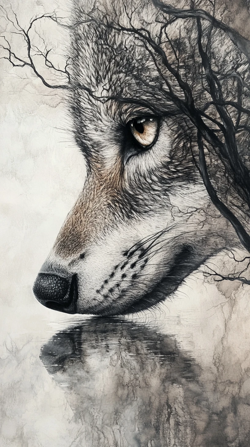 Close up wolf portrait with reflective surreal eye
