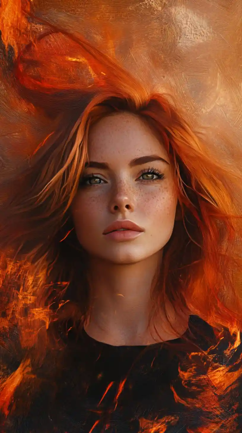Red haired girl portrait in glowing painterly close up