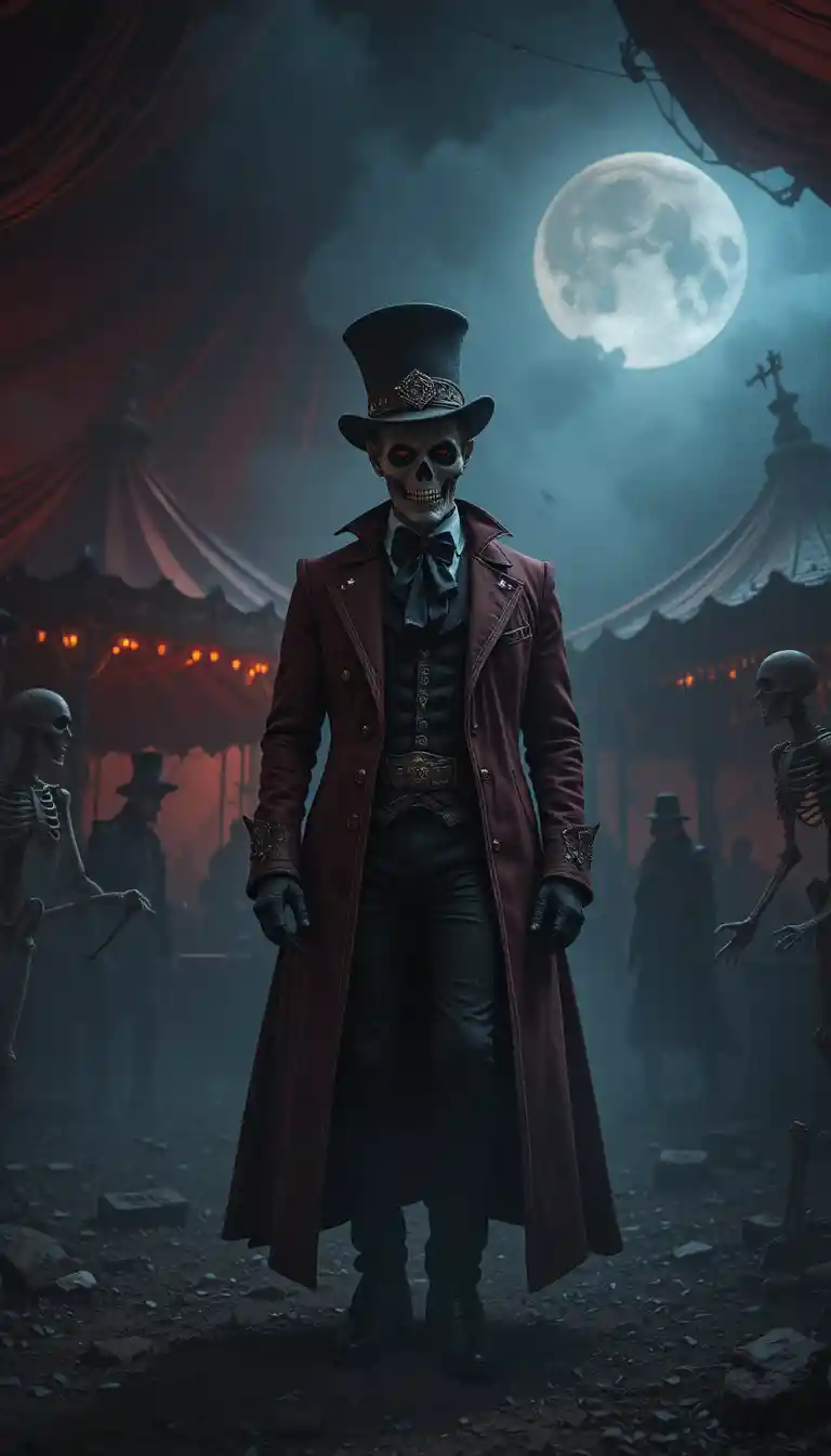 Dark circus ringmaster in a foggy gothic graveyard tent