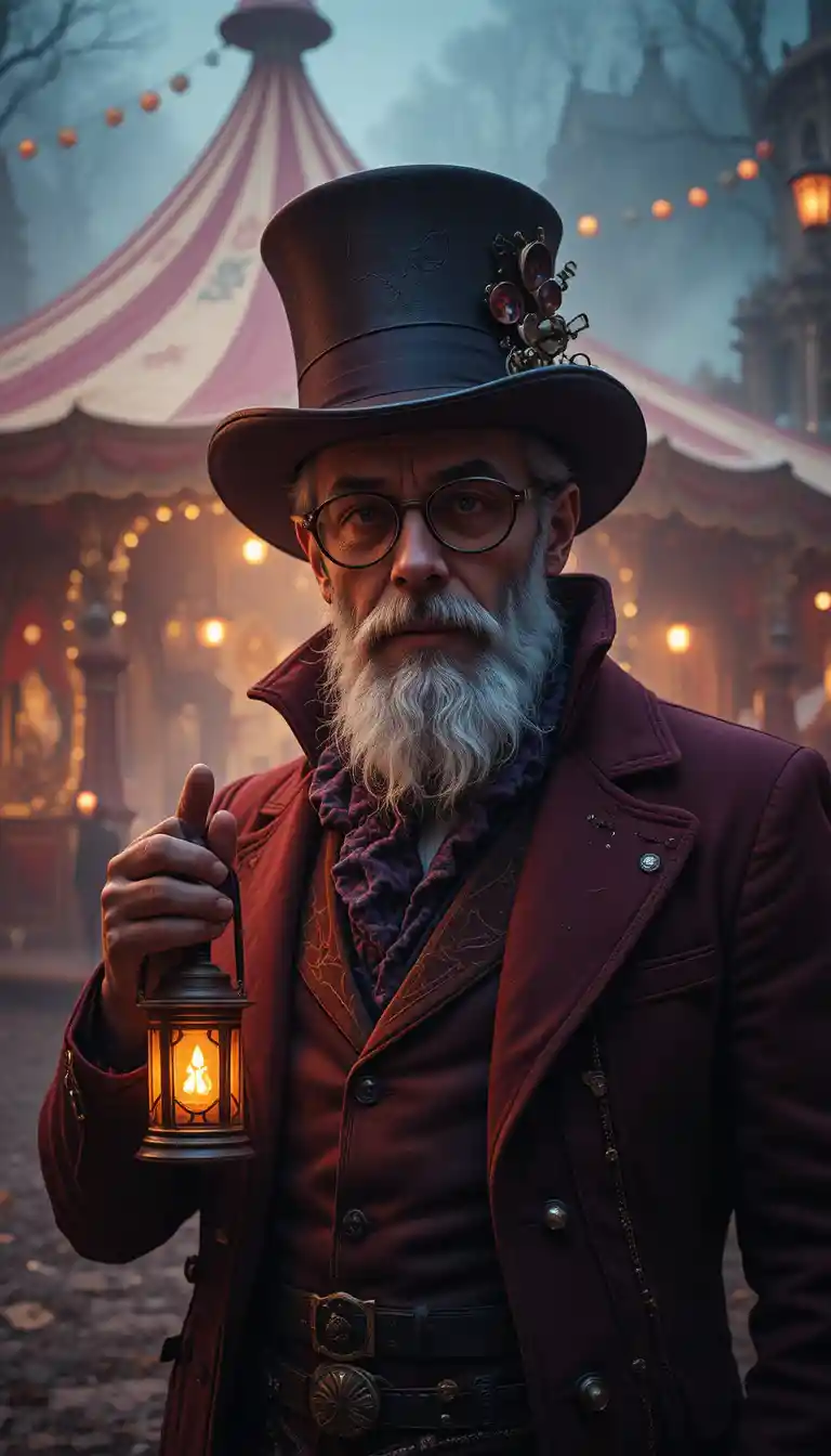 Steampunk carnival master with lantern in misty fairground