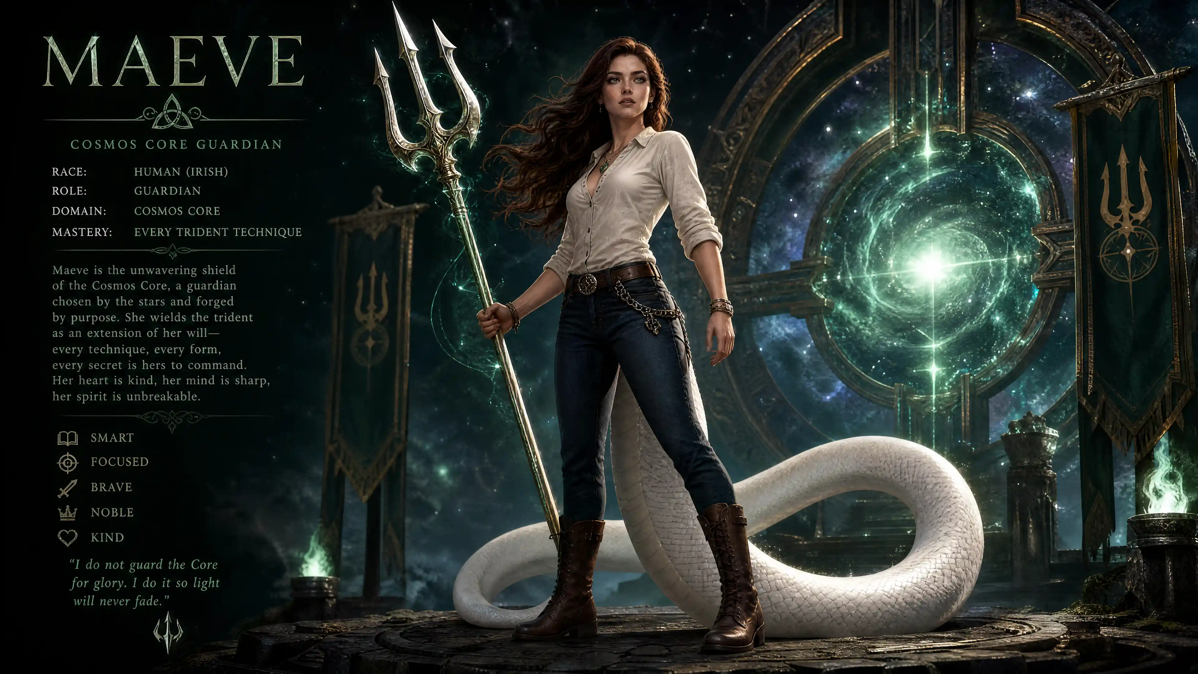 Brave cosmic guardian woman with white serpent tail