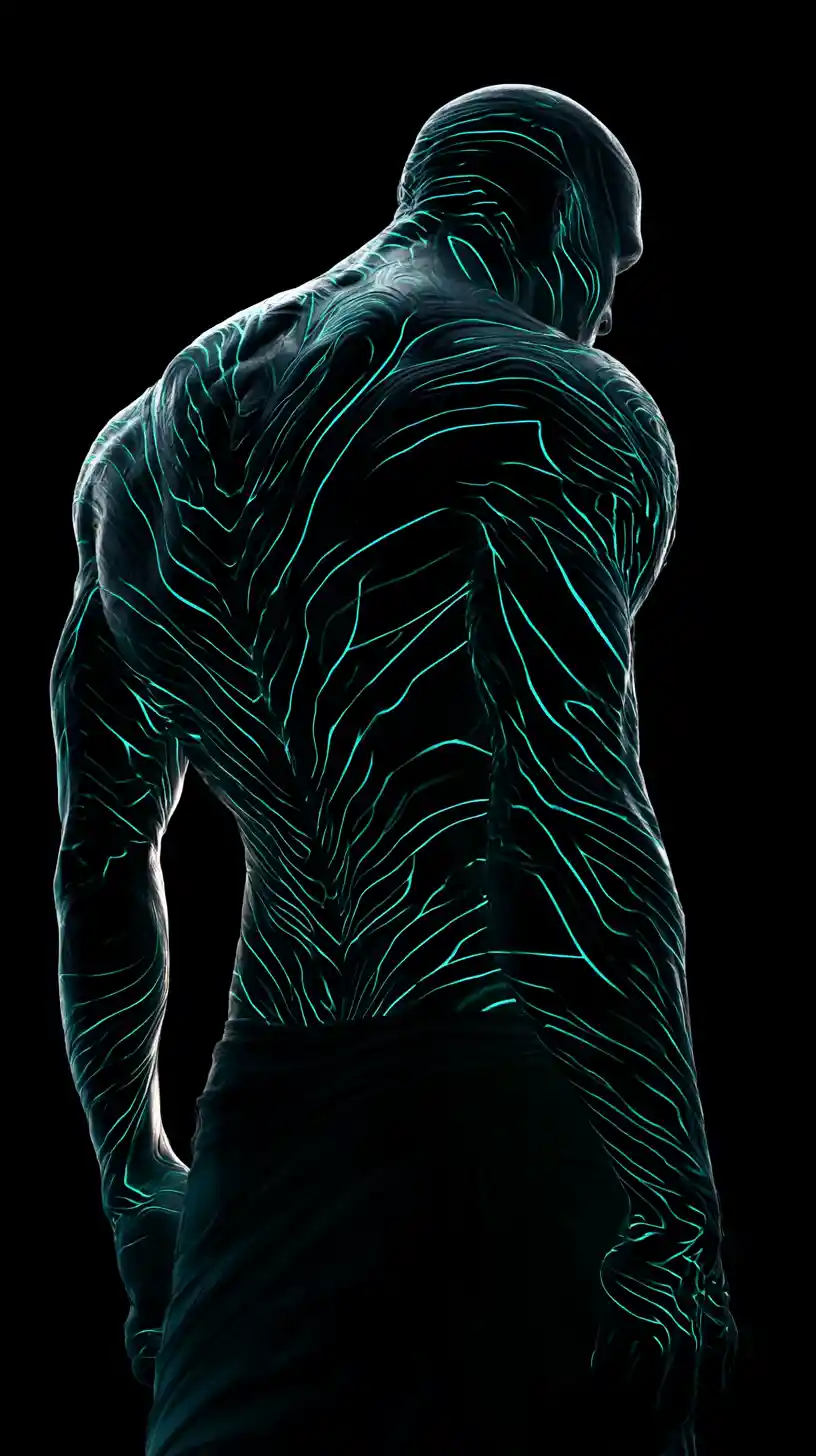 Mythical creature in a dark void with glowing tattoos