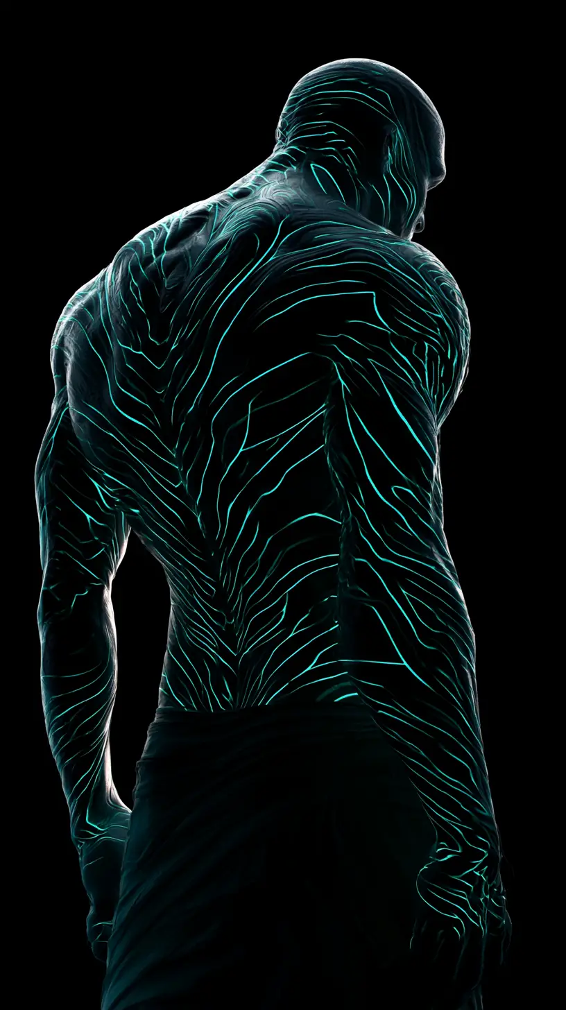 Mythical creature in a dark void with glowing tattoos