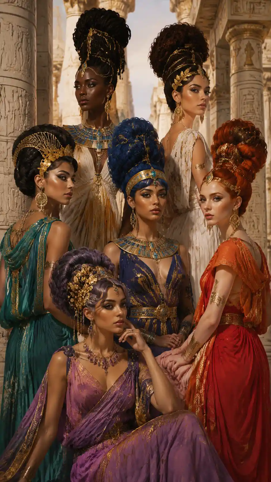 Ancient inspired fashion woman with ornate jewelry and bold hair