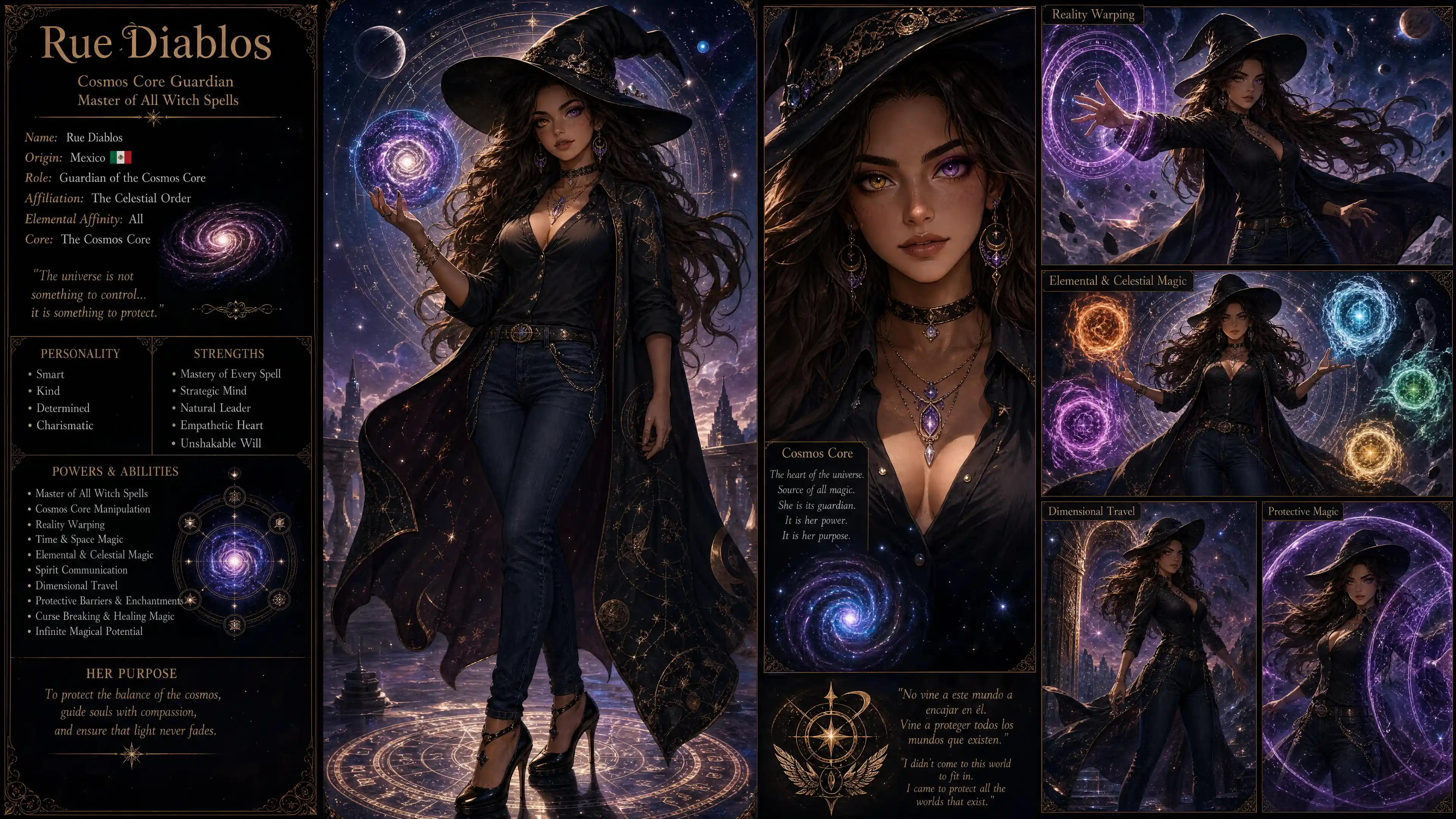Mexican witch with cosmos core powers and witch hat