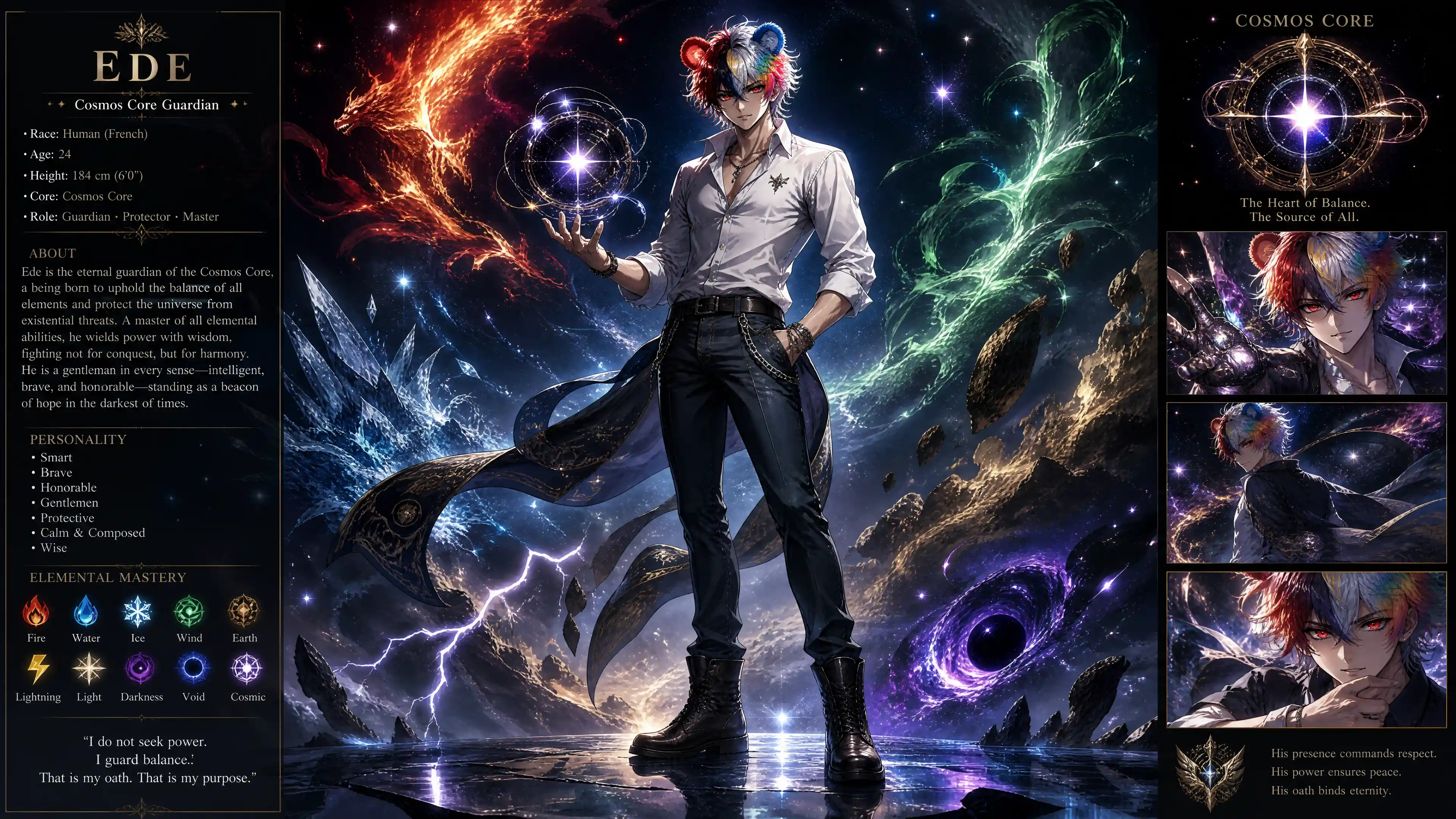 Brave elemental guardian man with multicolored hair