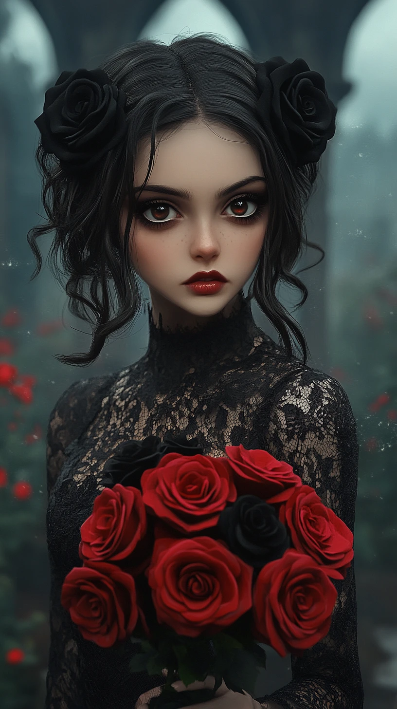 Gothic girl with red roses in misty castle garden