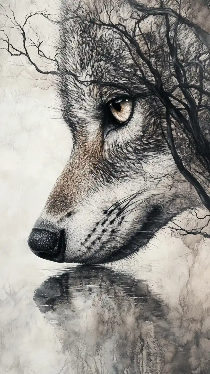 Close up wolf portrait with reflective surreal eye