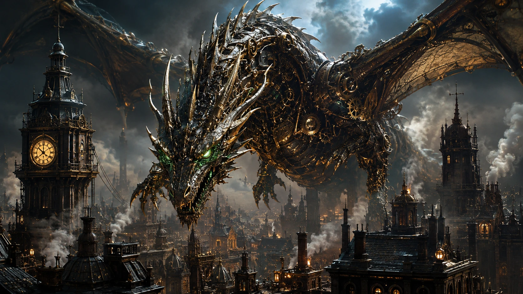 Clockwork dragon over a smoggy victorian steampunk city