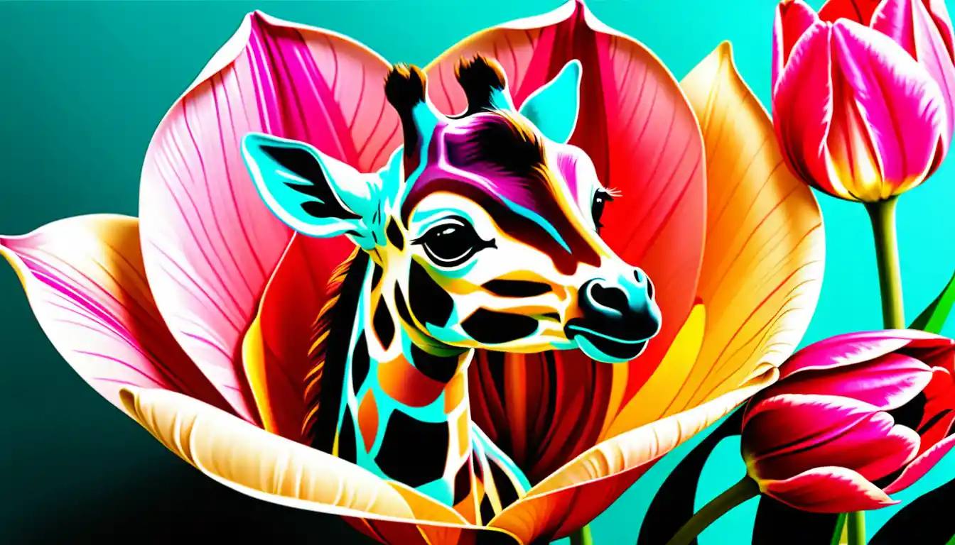 Baby giraffe curled inside a pink tulip at sunrise