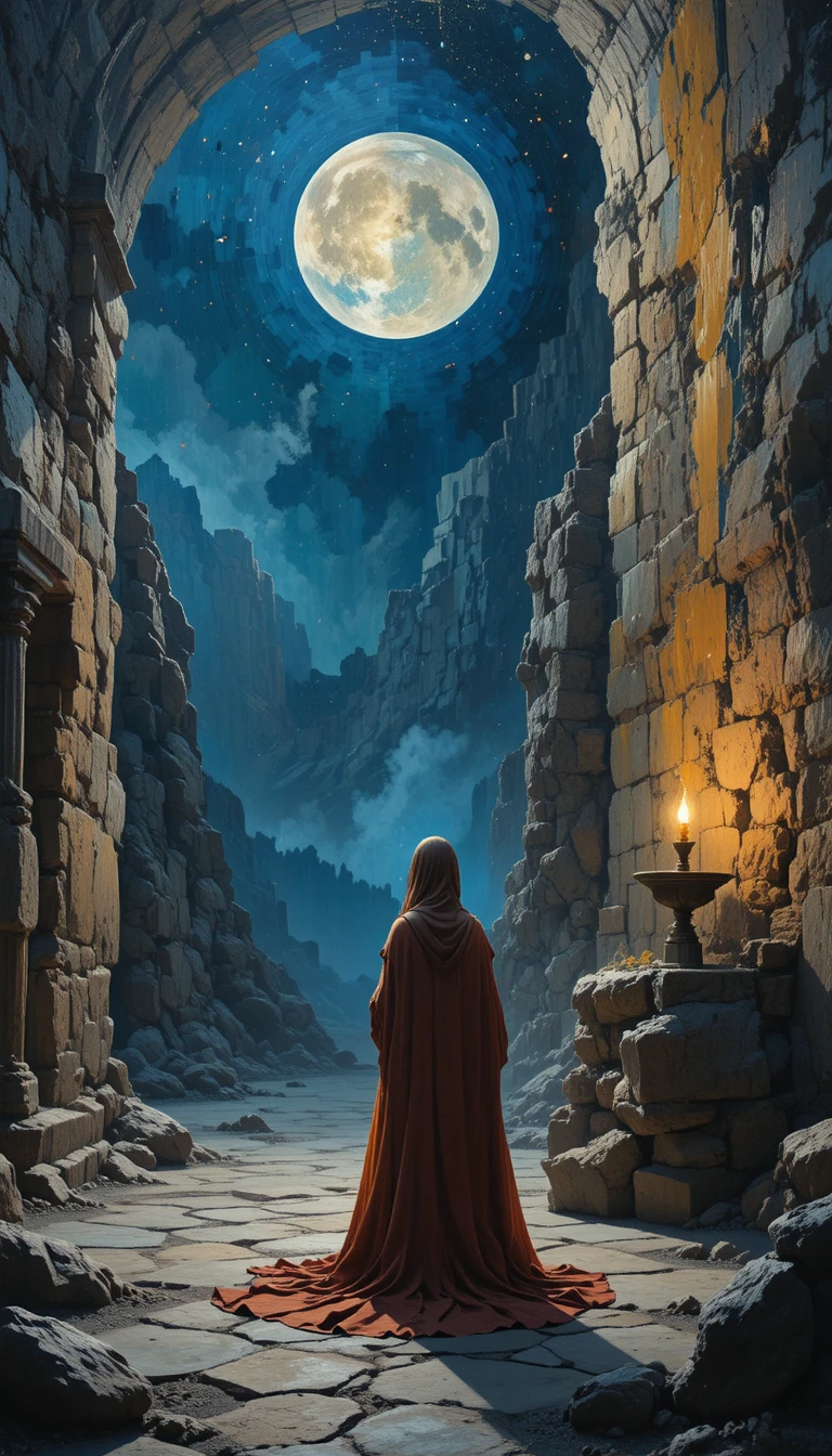Woman watching monk illuminate a sacred scroll by candlelight