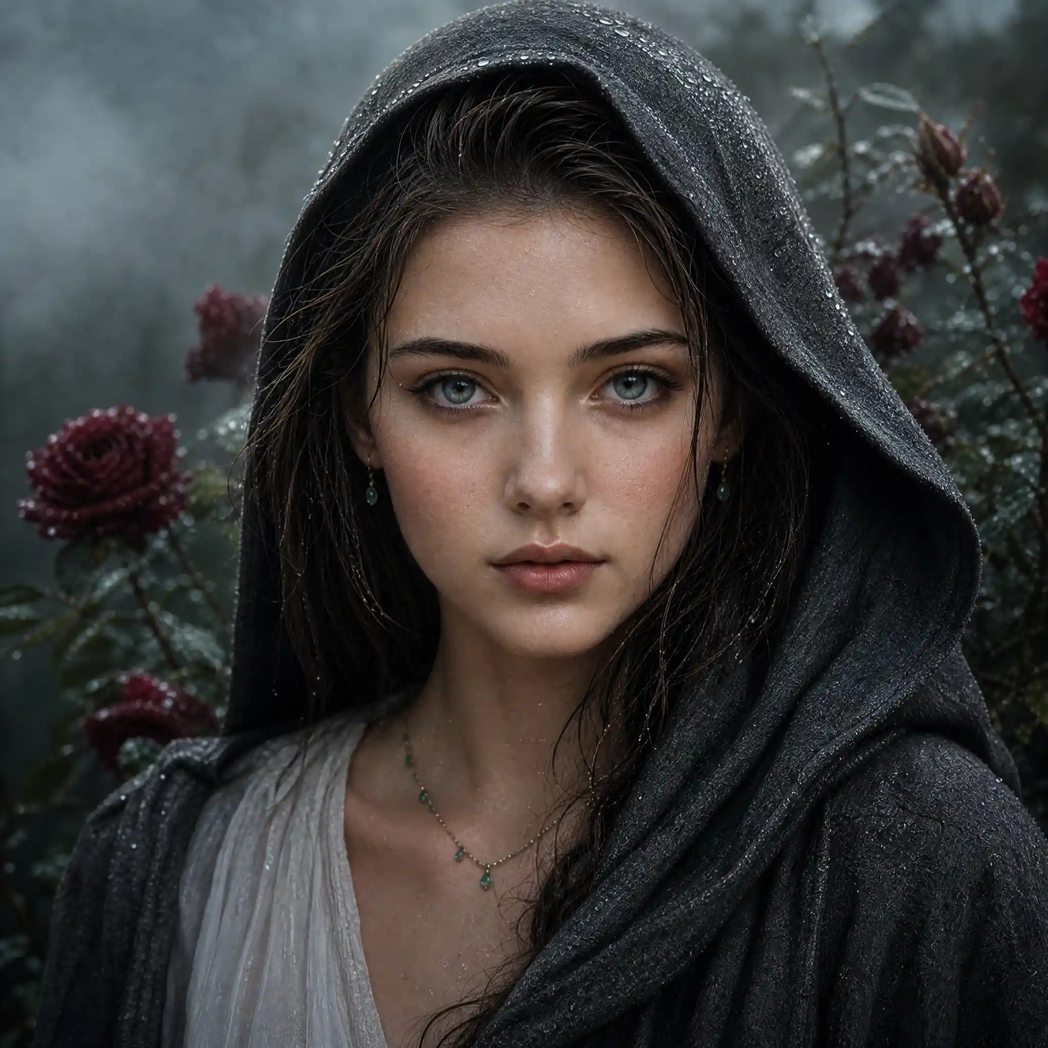 Hooded young woman with pale eyes in soft close up portrait
