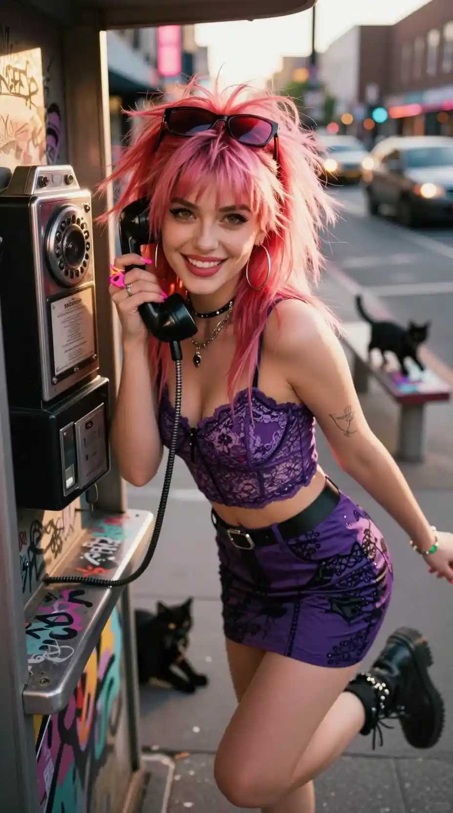 Playful young woman at graffiti phone booth in sunlight