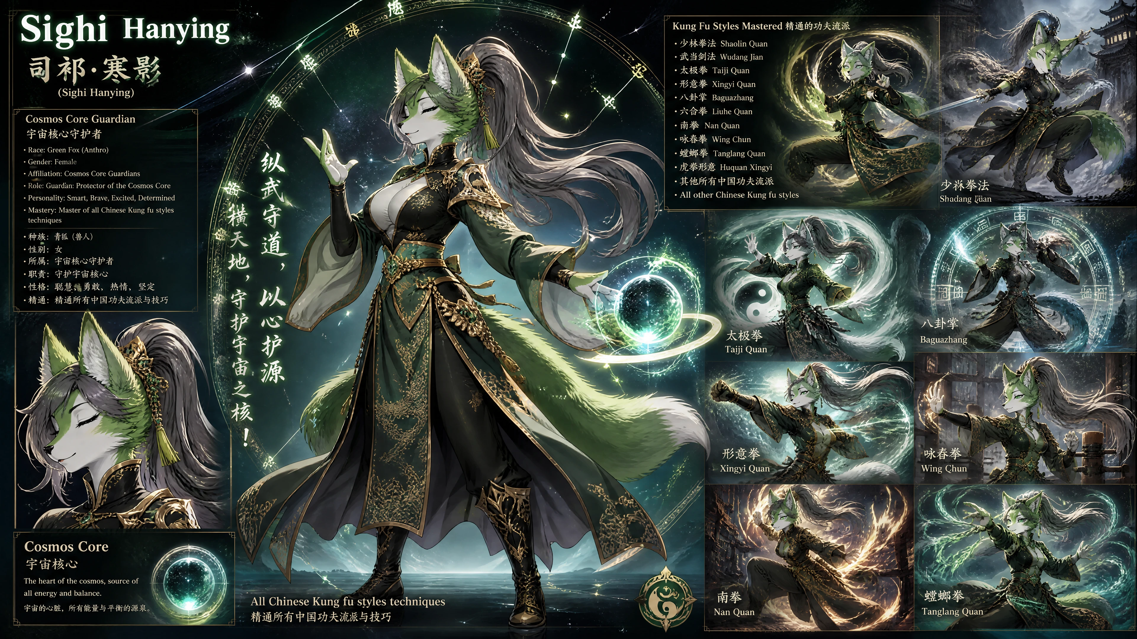 Chinese fox warrior woman guarding a cosmic core
