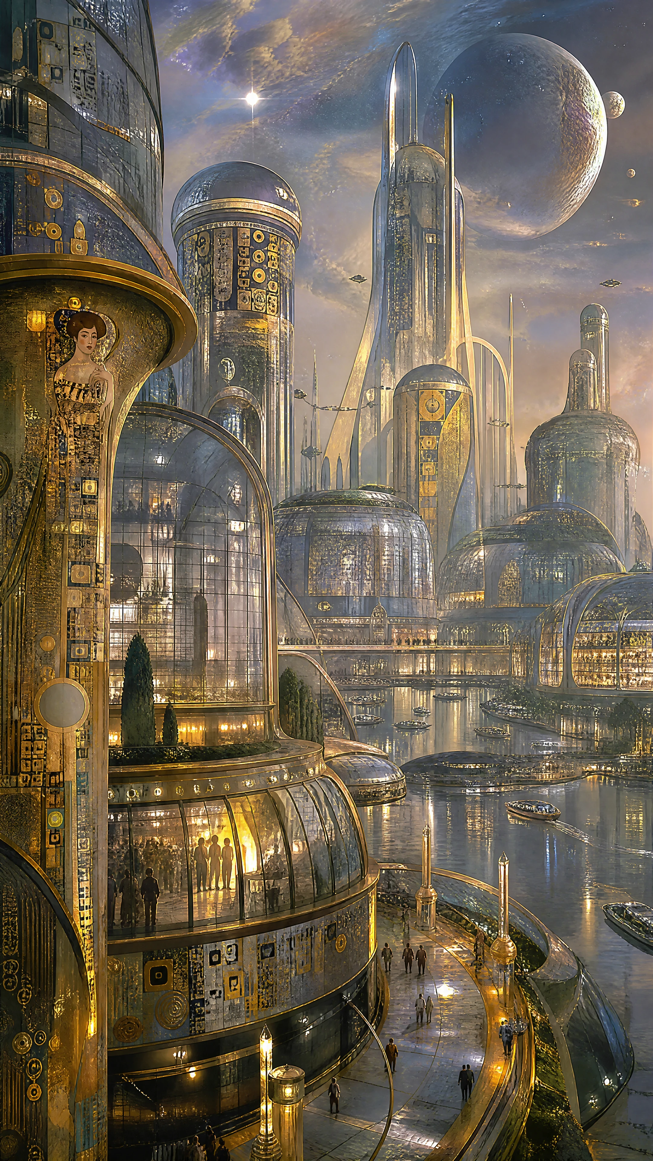 Futuristische Glas-Stadtlandschaft mit abgerundeten Architekturformen